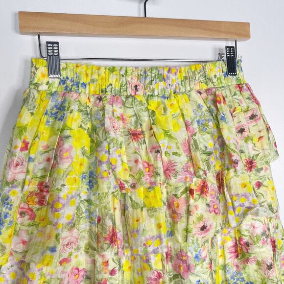 LoveShackFancy Small S Yellow Floral Brynlee Ruffle Tiered Skirt Cotton Silk - Picture 3 of 12